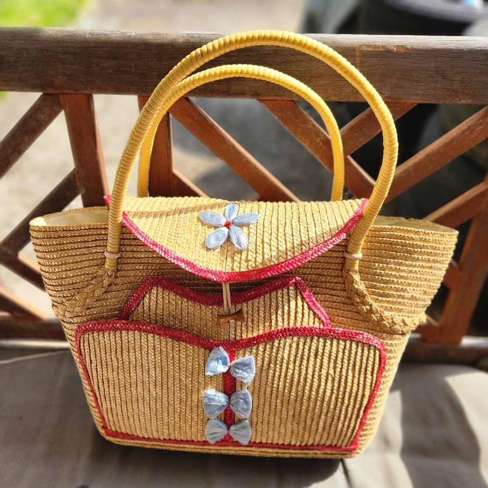 Vintage Straw Tote With Telephone Cord Handles